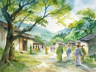 Peaceful commune, Flowing robes, Harmonious villagers, Embracing diversity in natureinspired village, Sunny day, Watercolor painting, Ethereal lighting, Soft focus, Macro shot - obrazy, fototapety, plakaty