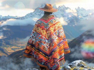 Peruvian Andean Poncho, Earthy Alpaca Wool, Symbolizes Connection to Pachamama, Envelops Shaman in Sacred Mountain Ritual, 3D Render, Backlights, Double Exposure Effect, Overtheshoulder shot