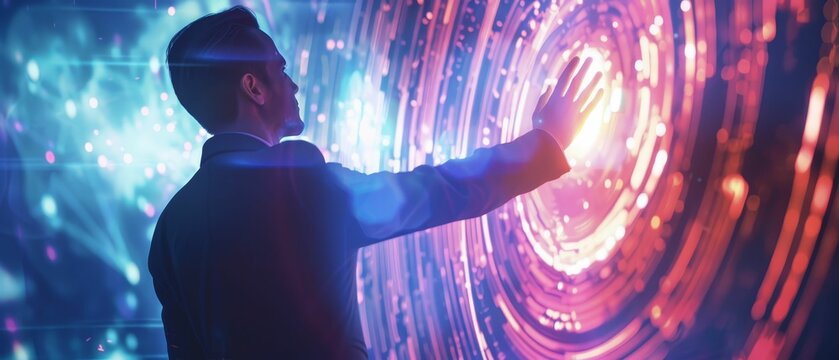 People realizing they can access memories and experiences across parallel dimensions A man in a futuristic suit, silhouetted against a luminous portal, reaching out to touch it Photography