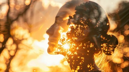 Quantum being, shimmering essence, existing in past, present, and future simultaneously, challenging perceptions Photography, golden hour lighting, double exposure effect, Closeup shot - obrazy, fototapety, plakaty