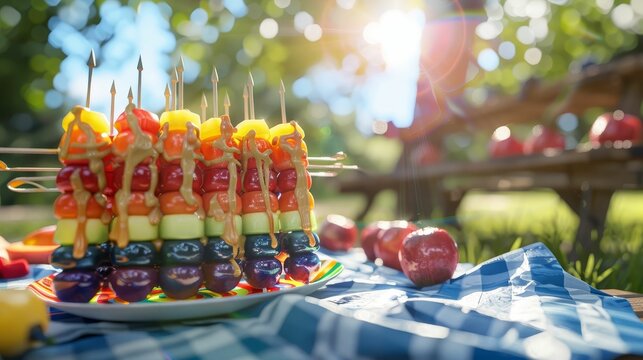 Rainbow Fruit Kabobs, Almond Butter Drizzle, Artistic Plating, Outdoor Picnic Scene, Sunny Day, 3D Render, Lens Flare, Wideangle view