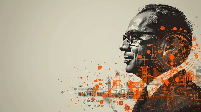 banner background National Ambedkar Jayanti Day theme, and wide copy space, A collage of symbols representing social justice and equality, with Dr. Ambedkar's image in the center