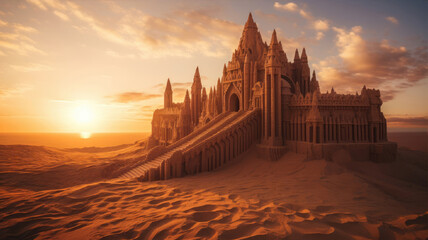 Artistic sand castle amid desert landscape at dusk, under a colorful sky