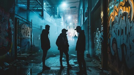 Rival gangs, turf war, graffiticovered alleyways, dramatic confrontation, foggy night, photography, silhouette lighting, double exposure, Panoramic view