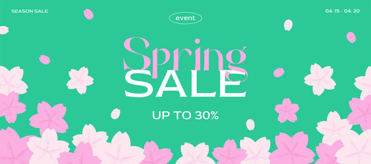 Spring sale coupon cherry blossoms background. Discount promotion template for social media, header, banner design, web ads. Beautiful flower poster. Flat vector illustration. - 783181939