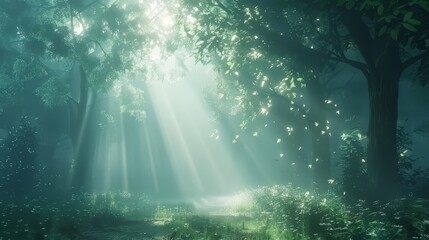 Ethereal 3D glow casting soft, diffused light in a misty forest