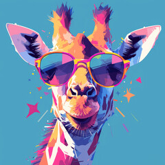 colorful giraffe with sunglasses, happy expression on the face, pop art style