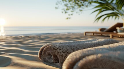 Sandy Beach Towel, Velvety Texture, Tranquil getaway near the shoreline, Clear skies, 3D render, Golden Hour, Bokeh Effect, Eyelevel angle - obrazy, fototapety, plakaty