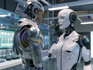 Fototapeta premium Sentient Robot, futuristic metallic skin, discussing ethics with a human, inside a hightech laboratory, with a storm raging outside, 3D render, backlit, depth of field bokeh effect, Eyelevel angle