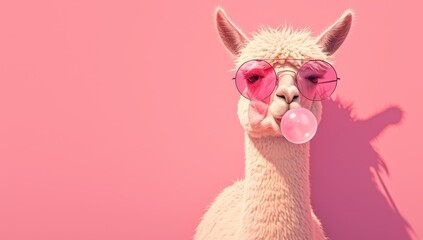 Fototapeta premium Cute llama in sunglasses blowing bubble gum on a pink background with copy space, a funny animal character portrait banner design