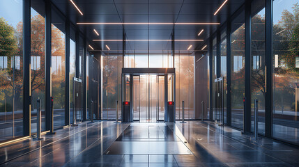 Step into the entrance hall of a contemporary corporate edifice, where sleek security gates greet visitors, offering views through floor-to-ceiling windows of autumn trees. - obrazy, fototapety, plakaty