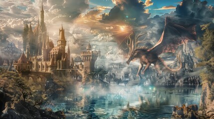 Fantasy collage with dragons, castles, and mythical landscapes