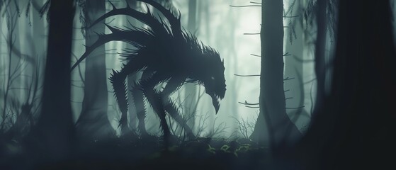 Shapeshifting creature, shadows, eerie forest, dense fog, 3D render, silhouette lighting, depth of field bokeh effect, Eyelevel angle