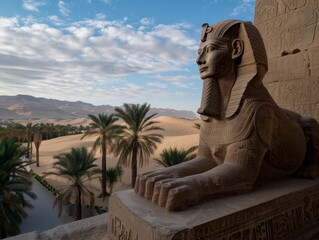 Sphinx, ancient guardian, half human, half lion, watching over the vast desert landscape dotted with sand dunes and palm trees Photography, Silhouette Lighting, HDR, Highangle view