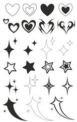 Black and white vector illustration with various icons in gothic and alt styles. Hearts, stars, sparkles