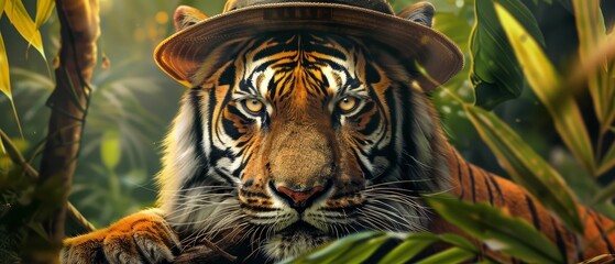 Tiger, Safari Hat, Majestic predator roaming through lush jungle, vibrant and untamed Realistic, Golden hour, Depth of field bokeh effect, Macro shot