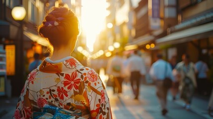Traditional Kimono, Globalization Effects, Busy city street with a mix of modern and traditional Asian elements, Sunny day, Photography, Golden hour, Depth of field bokeh effect, Highangle view