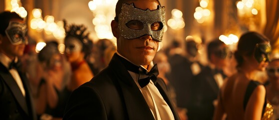 Undercover operative, in disguise at a lavish masquerade ball, surrounded by wealthy elite, realistic, golden hour lighting, depth of field bokeh effect, Handheld shot view - obrazy, fototapety, plakaty