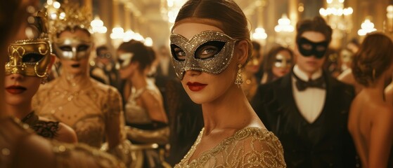 Undercover operative, in disguise at a lavish masquerade ball, surrounded by wealthy elite, realistic, golden hour lighting, depth of field bokeh effect, Handheld shot view - obrazy, fototapety, plakaty
