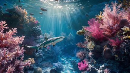 Fototapeta na wymiar A shark glides through the sunlight in a vibrant coral reef teeming with tropical fish.