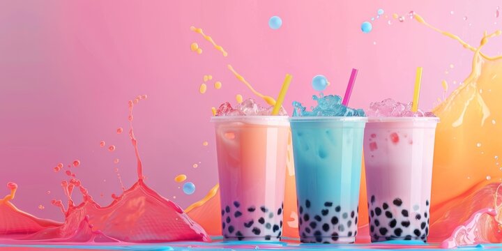 Bubble tea in plastic cups, plain pink background, summer boba beverage, colorful milk splashing, iced nai cha drink, tapioca in transparent glass, bright splash, pearl milk tea assortment copy space