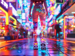 Young adult with holographic tattoos, neural implants, and hover shoes, navigating a bustling marketplace in a world of agelessness A vibrant scene with neon lights 3D render