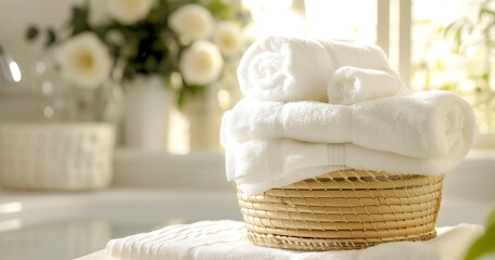 Fototapeta na wymiar A stack of clean white towels in the spa salon