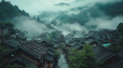Discover the charm of traditional Chinese villages through rural tourism in China, where morning fog envelops old villages adorned with traditional architecture. - obrazy, fototapety, plakaty