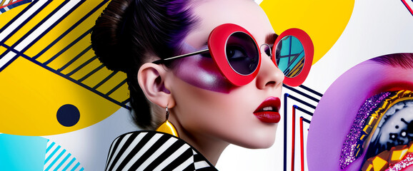 Contemporary art poster featuring a fashion model wearing large glasses and white and bright colored clothing with 3D stripes in the background

