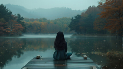 A lone woman sitting in tranquility on a wooden pier by a calm lake, surrounded by the peaceful beauty of autumn foliage. - obrazy, fototapety, plakaty