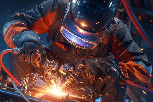 Gaulochee, a welding worker with sparks flying in a dark background. The man is wearing a helmet and working on the metal part of a machine.