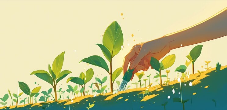 Hand of a young woman watering a small tree in a garden, planting and growing a plant for environmental protection concept with copy space
