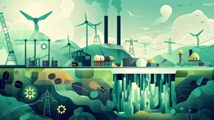 Illustration of a green energy transition with fossil fuel infrastructure being replaced by renewable alternatives