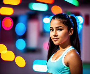 A young woman wearing a blue sports bra and shorts, standing in front of a colorful background.