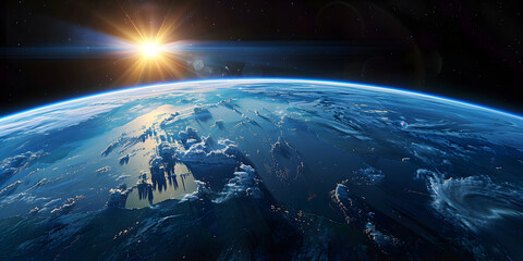 wide shot of the earth from space, blue horizon, black sky, bright sun in upper 