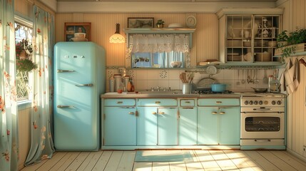 Sun-Drenched 1950s Style Kitchen with Lace Curtains, generative ai