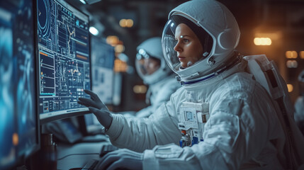 Team of astronauts in a space suits aboard the orbital station. A crew of cosmonauts piloting the spaceship. Man and woman in space. Galactic travel and science concept. - obrazy, fototapety, plakaty