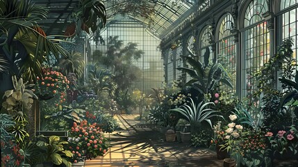 Intricate engraving of a Victorian-era botanical garden filled with rare flowers - obrazy, fototapety, plakaty