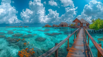 A wooden path leads to the right to the first overwater bungalow that is found, the path continues and other bungalows can be seen in the background