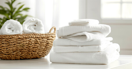 A stack of clean white towels in the spa salon - obrazy, fototapety, plakaty