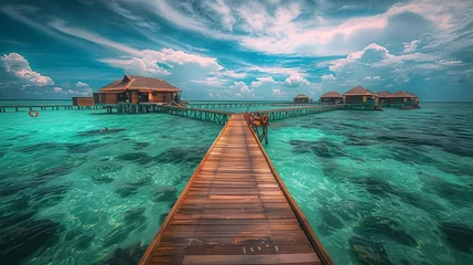 Foto op Canvas A wooden path leads to the right to the first overwater bungalow that is found, the path continues and other bungalows can be seen in the background © paisorn