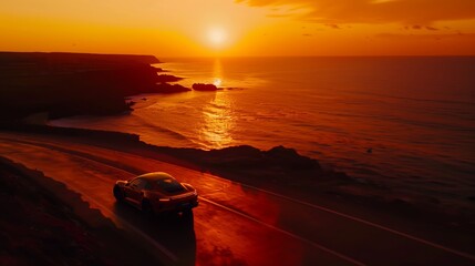 Sunset Coastal Drive in a Sports Car with Sea View