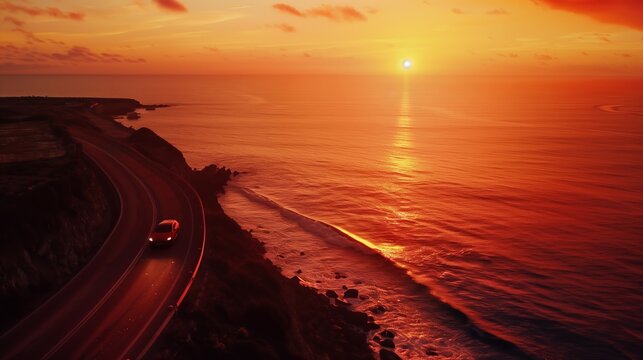 Sunset Coastal Drive in a Sports Car with Sea View