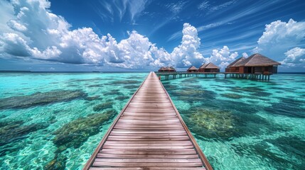 A wooden path leads to the right to the first overwater bungalow that is found, the path continues and other bungalows can be seen in the background - obrazy, fototapety, plakaty
