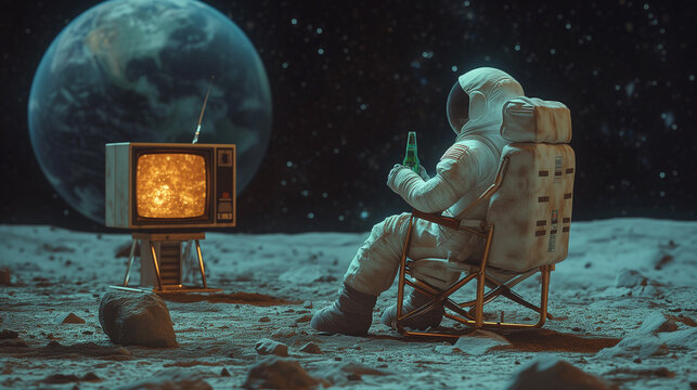 An astronaut in a space suit sits on the planet drinking beer and watching TV against the backdrop of the planet Earth.