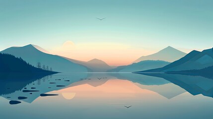 Minimalist  illustration of a tranquil lake scene at dawn