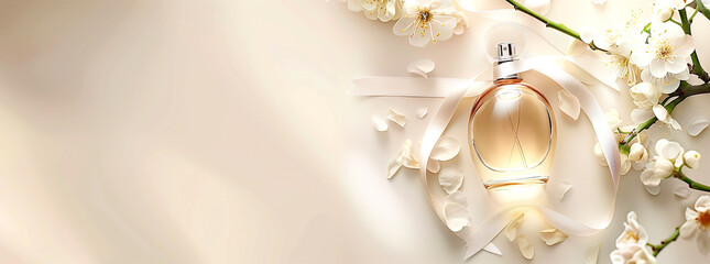 An elegant perfume bottle, adorned with a ribbon in the style of delicate white flowers, against a soft backdrop, conveys the essence of luxury and romance in product advertising
