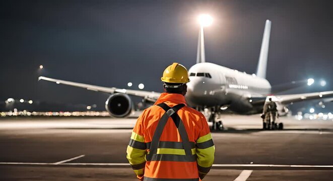 Back view of an airport worker.	
