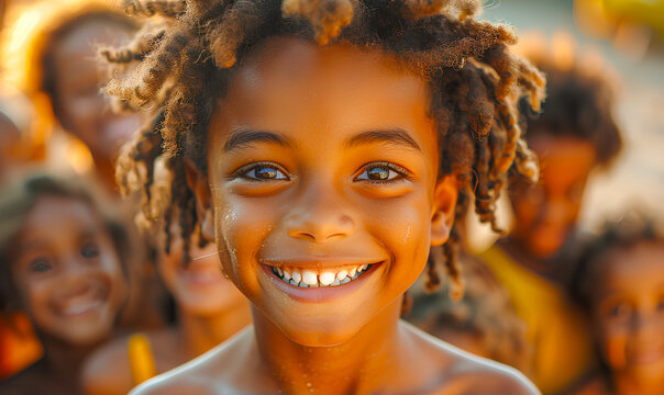 Smiling African American LIttle boy with dreadlocks in front of a crowd of children - Powered by Adobe