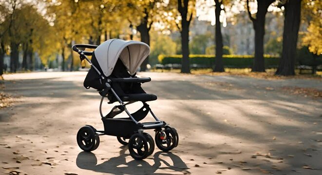 Baby stroller in the park.	

